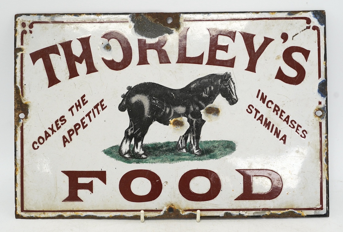 An early 20th century Thorley's Food rectangular enamel advertising sign, 30 x 20cm. Condition - poor to fair